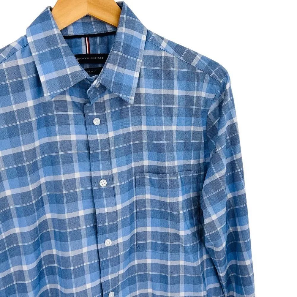 Tommy Hilfiger blue plaid all season stretch dress shirt size medium - Picture 3 of 7